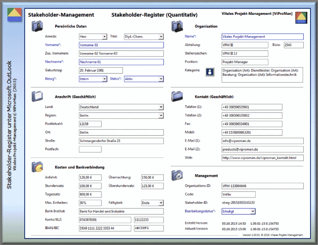 Stakeholder-Register: Beispielhaftes Erscheinungsbild unter Microsoft.OutLook [ViProMan, 10.2015]