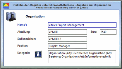 Stakeholder-Register unter Microsoft.OutLook - Angaben zur Organisation [ViProMan, 10.2015]