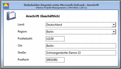 Stakeholder-Register unter Microsoft.OutLook - Anschrift [ViProMan, 10.2015]