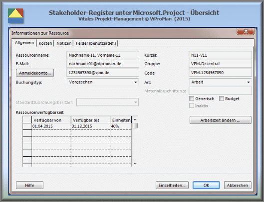 Stakeholder-Register unter Microsoft.Project - Register "Allgemein" [ViProMan, 10.2015]