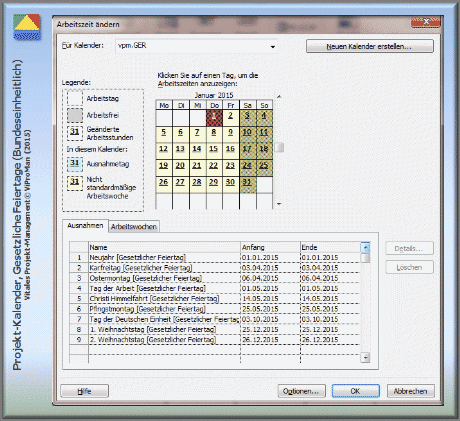 Methode "Projekt-Kalender entwickeln": Projekt-Kalender "vpm.GER" mit bundesweit gesetzlich gültigen Feiertagen für Deutschland [ViProMan, 02.2015]