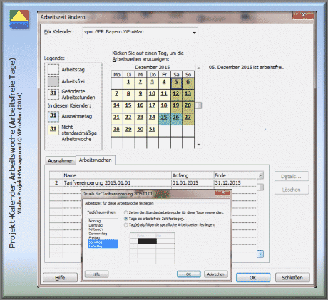 Methode "Projekt-Kalender entwickeln": Projekt-Kalender "vpm.GER.Bayern.ViProMan" mit den tariflich vereinbarten arbeitsfreien Wochentagen Samstag und Sonntag [ViProMan, 12.2014]
